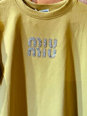 Miu Miu Girls Yellow Long Sleeve Tee with Silver Embellished Logo